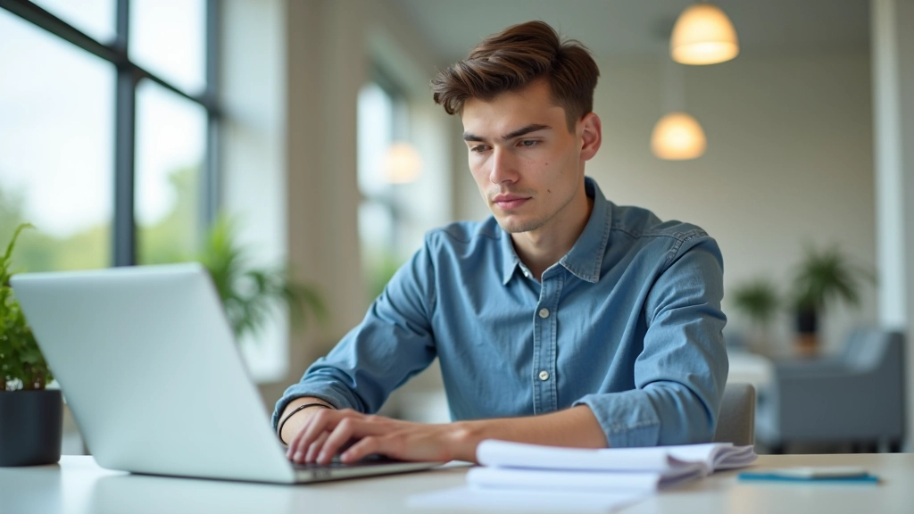 Estudante internacional consultando documentos de visto numa secretária com passaporte e formulários
